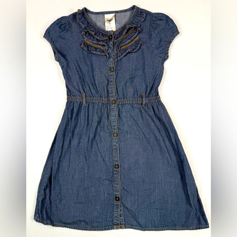 OSHKOSH B’GOSH Y2K Girls’ Chambray Denim A-Line Button Up Ruffle Collar Dress 6X